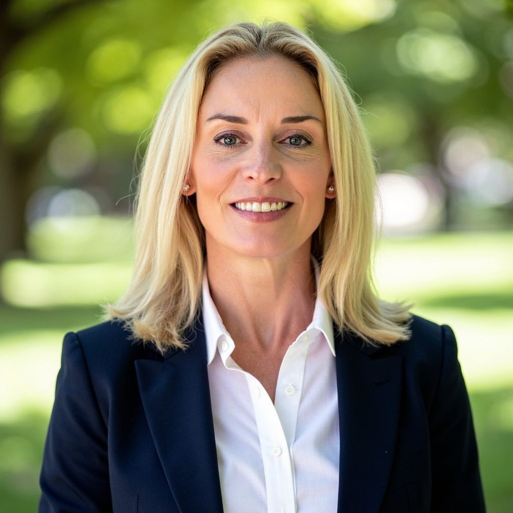 Woman with blonde hair wearing a white shirt and navy blazer smiles outdoors.