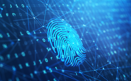 Glowing blue fingerprint overlaid on a network of data and code, suggesting digital security.