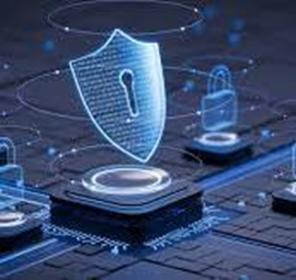 Digital security shield and padlocks with glowing circuits.