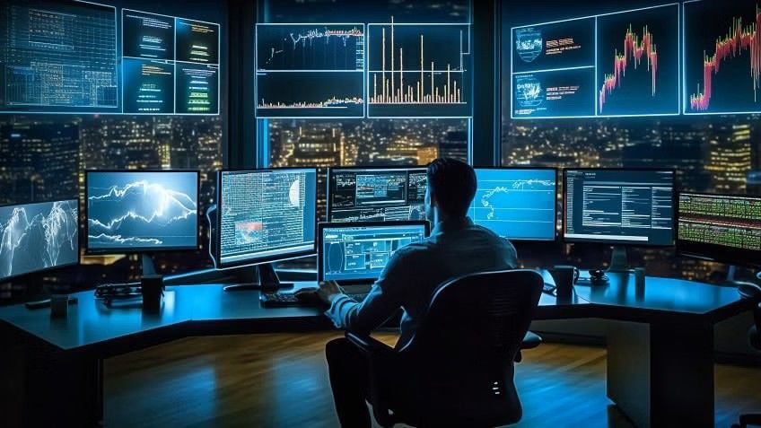 Man at computer monitors displaying financial data, overlooking city at night.