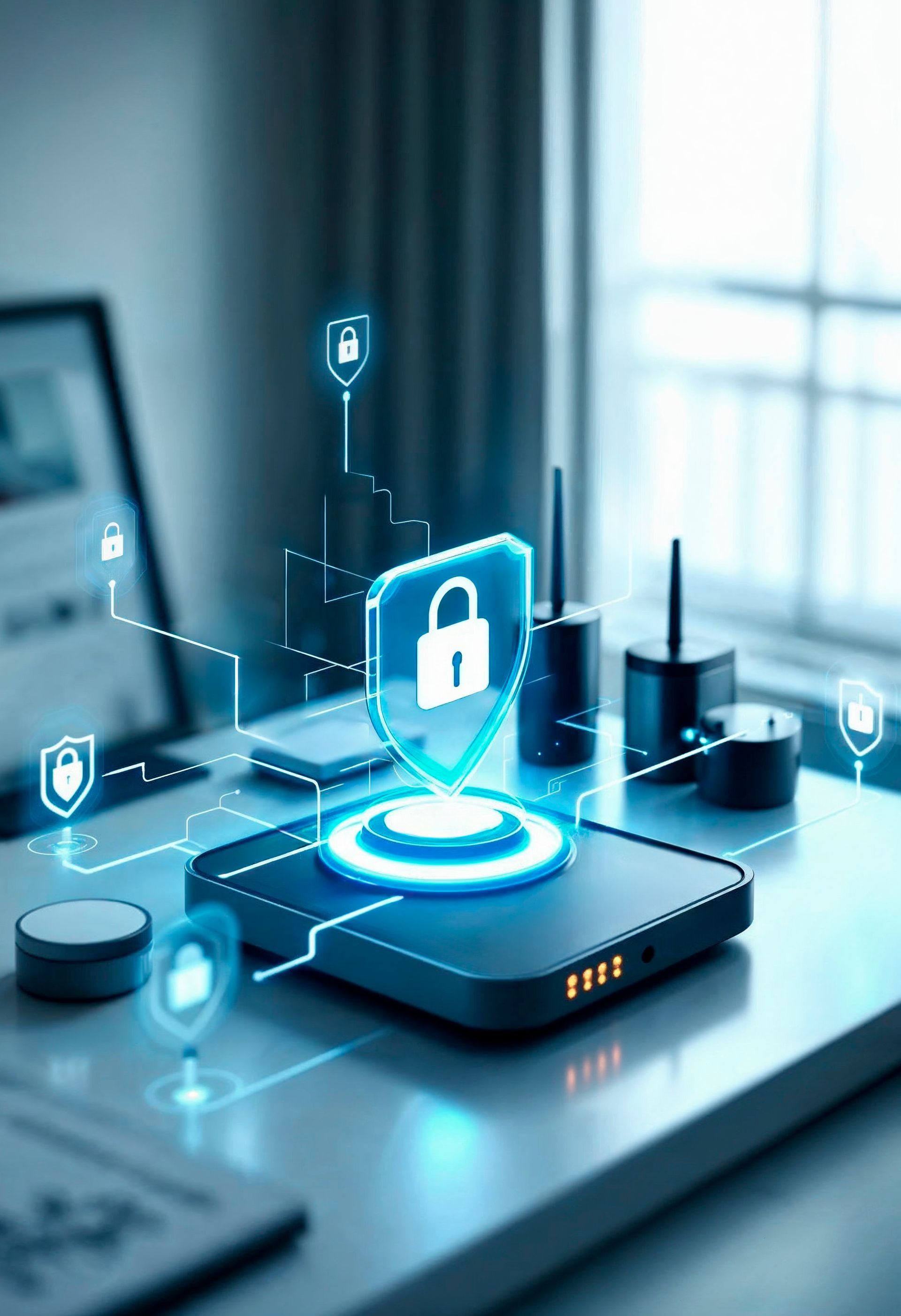 A glowing digital security shield over a smartphone, symbolizing data protection in a modern workspace.