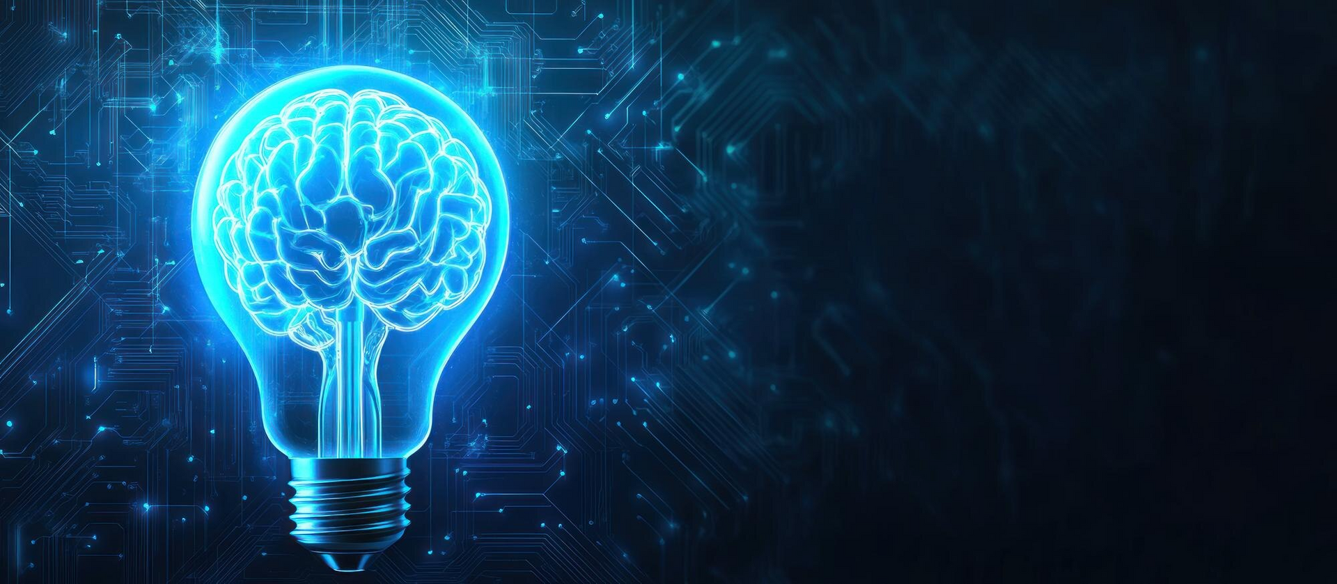 Glowing brain inside a lightbulb, on a dark blue tech background.