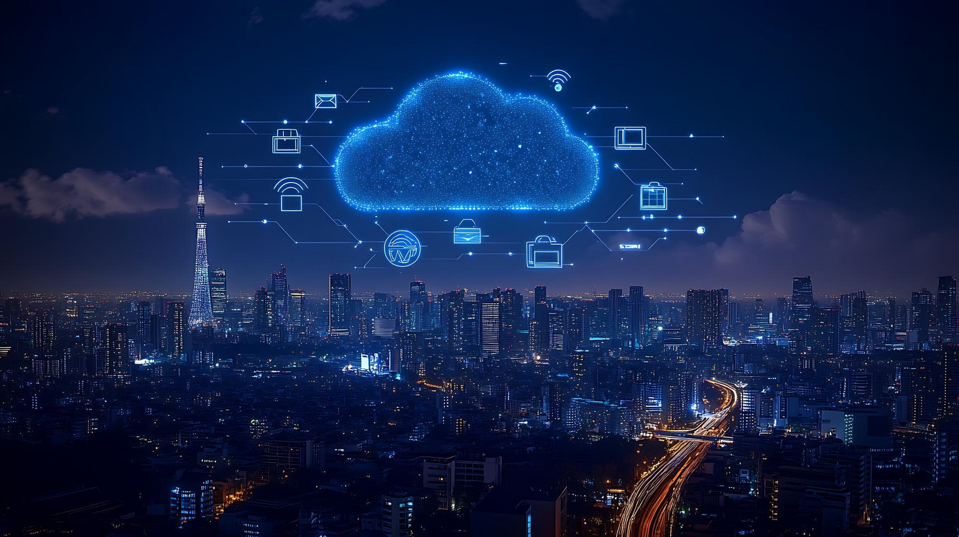 Glowing cloud graphic over a nighttime cityscape; represents cloud computing and technology.