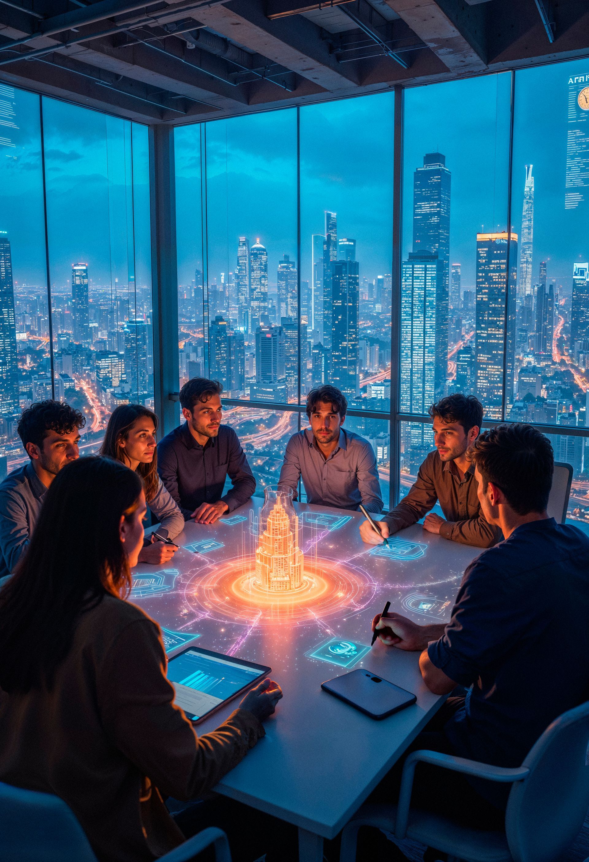 A group meeting at a high-rise office with a city view. Illuminated table displays data.