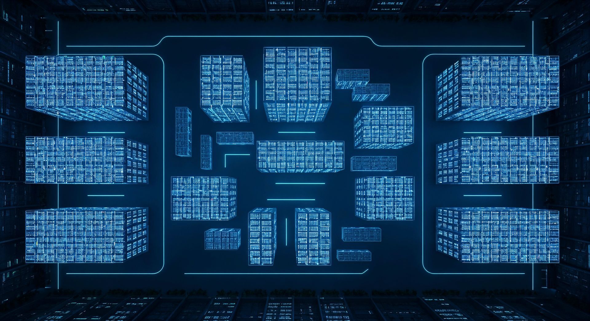 Blue, circuit-board-like structures arranged in a grid, resembling data center or digital cityscape.