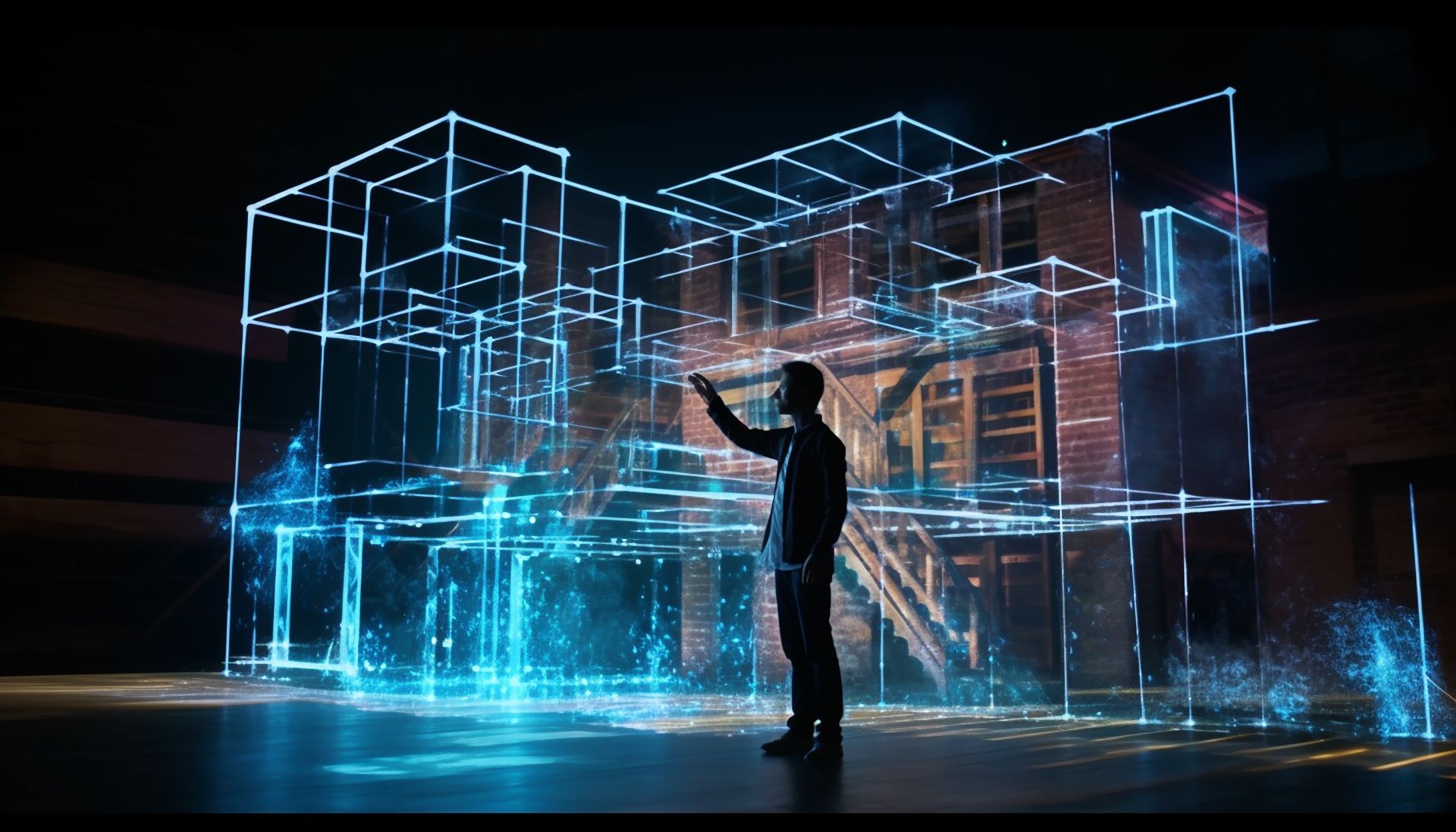 Man interacting with a holographic building overlay. Blue digital lines and particles highlight the structure in an urban setting.