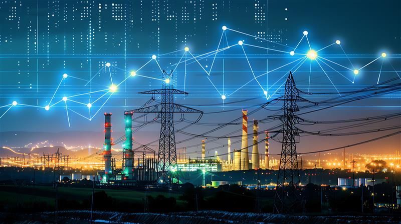 Power plant with electrical towers against a night sky, overlaid with a digital network of blue lines and dots.