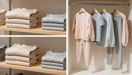 Suéteres beige y grises doblados en estantes junto a sudaderas con capucha en tonos pastel colgadas en un armario.