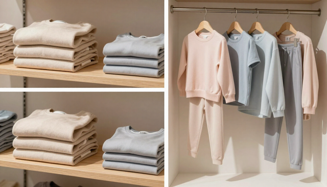 Suéteres beige y grises doblados en estantes junto a sudaderas con capucha en tonos pastel colgadas en un armario.