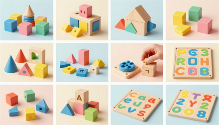 Bloques de juguete, figuras y fichas del alfabeto en tonos pastel dispuestos en una cuadrícula de 3x4 sobre un fondo claro.
