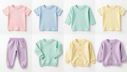 Conjunto de ropa de bebé en tonos pastel: cuatro camisetas de manga corta y cuatro pantalones sobre fondo blanco.