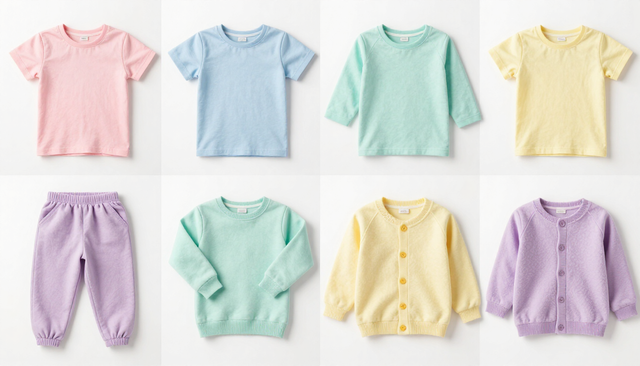 Conjunto de ropa de bebé en tonos pastel: cuatro camisetas de manga corta y cuatro pantalones sobre fondo blanco.