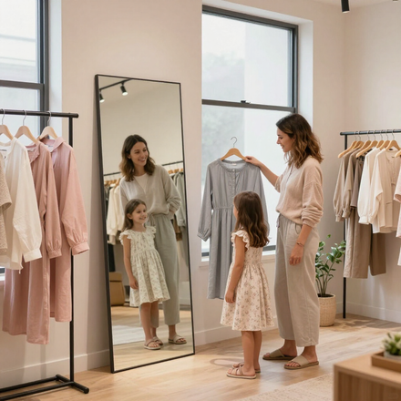 Una mujer y su hijo en una tienda de ropa, comparando conjuntos frente a un espejo junto a percheros de ropa en tonos pastel.
