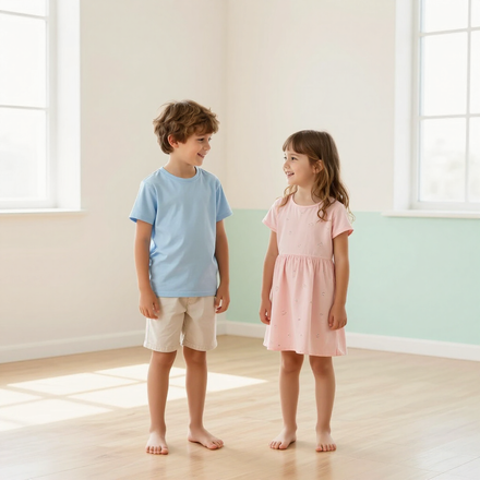 Dos niños de pie en una habitación luminosa y vacía, sonriéndose el uno al otro, vestidos con ropa de colores pastel.