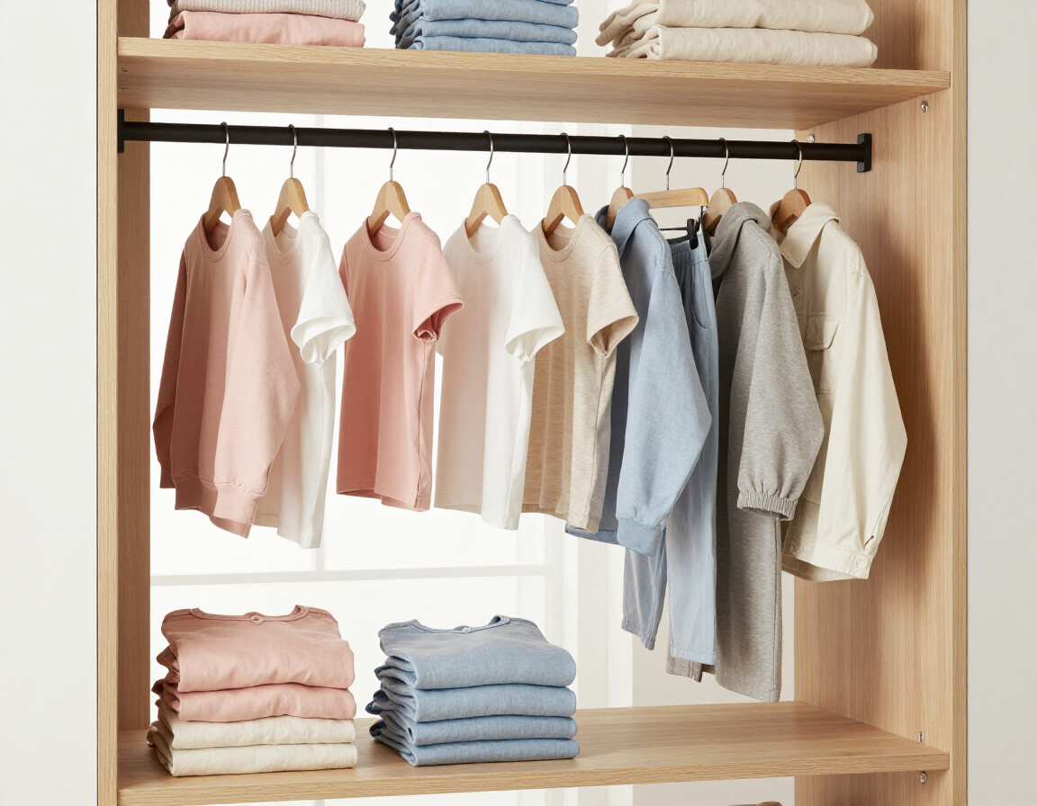Camisas de colores pastel y suéteres doblados cuidadosamente dispuestos en un estante de madera del armario.