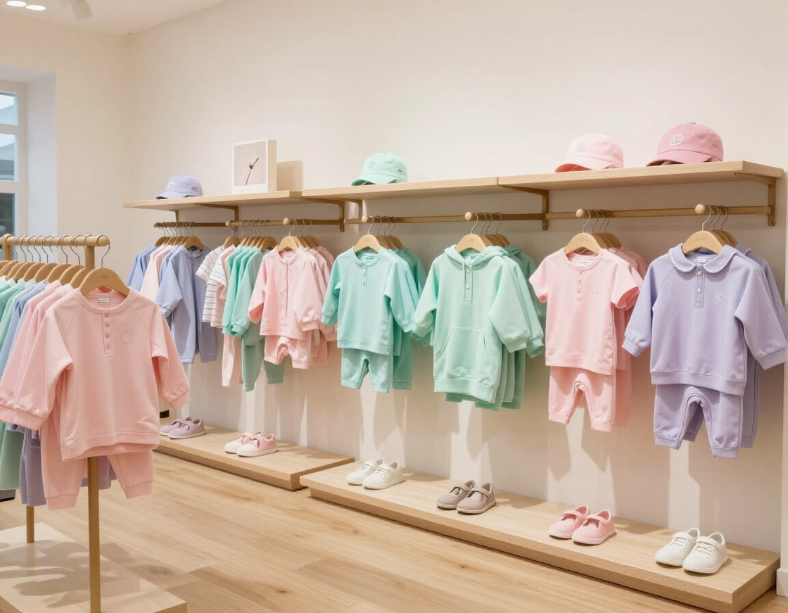 Exhibición de ropa de bebé en tonos pastel con prendas dobladas, conjuntos colgados y ositos de peluche bajo el letrero de 
