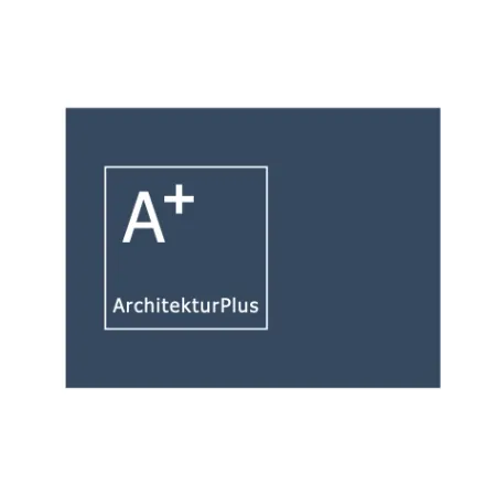 Ein Logo für ein Unternehmen namens Architektplus auf blauem Hintergrund.