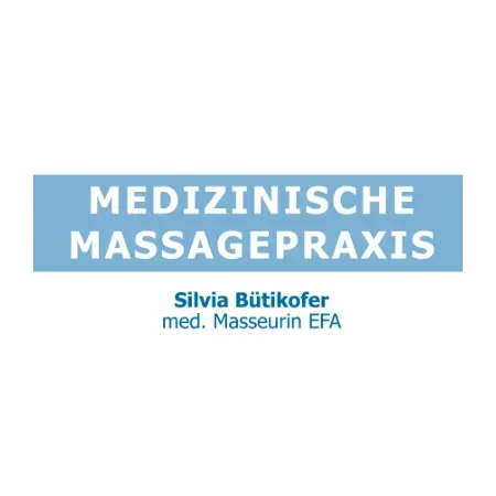 Ein blau-weißes Logo für eine medizinische Massagepraxis.