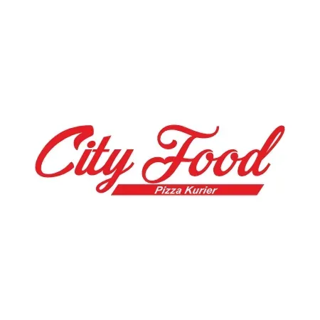 Ein City Food Pizza Kurier-Logo auf weißem Hintergrund.