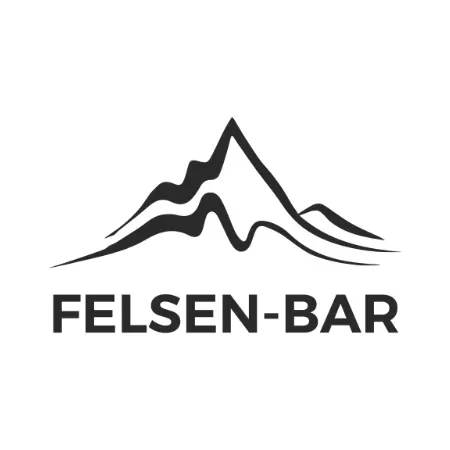 Ein schwarz-weißes Logo für die Felsenbar mit einem Berg im Hintergrund.
