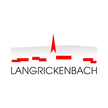 Ein Logo für Langrickenbach mit einem roten Pfeil, der nach oben zeigt.