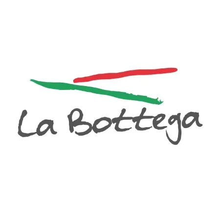 Ein Logo für ein Restaurant namens La Bottega mit einem roten, grünen und weißen Streifen.