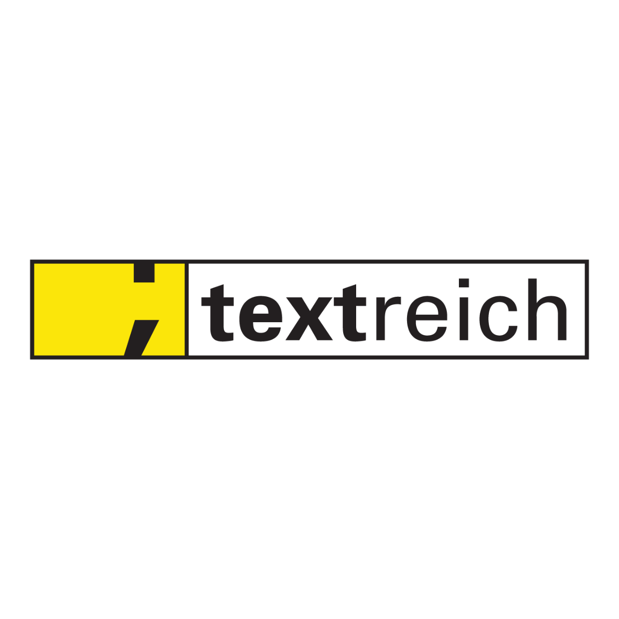 Ein gelb-weißes Logo für Textreich auf weißem Hintergrund.