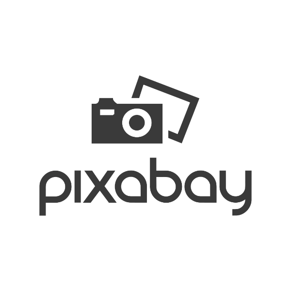 Ein schwarz-weißes Logo für Pixabay mit einer Kamera.