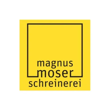 Magnus Moser Schreinerei Logo auf gelbem Hintergrund
