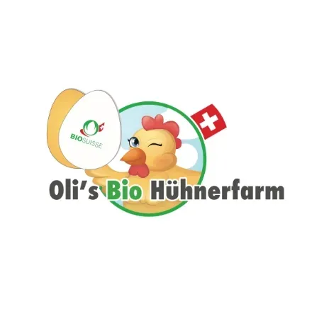 Ein Logo für Oli's Bio Hühnerfarm mit einem Huhn und einem Ei