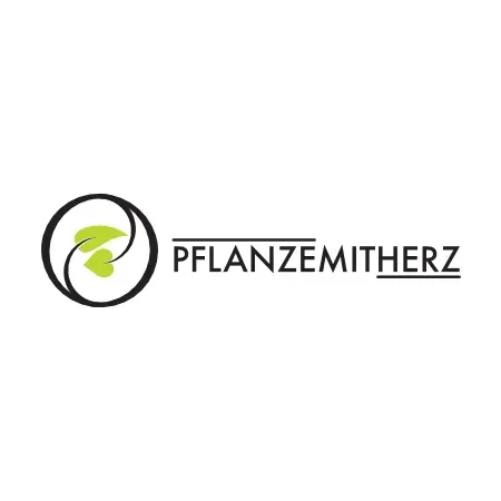 Ein Logo für pflanzenmitherz mit einem grünen Blatt in einem Kreis.