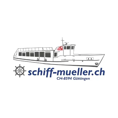 Ein Logo für schiff-mueller.ch mit einem Boot und einem Steuerrad.