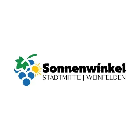 Ein Logo für Sonnenwinkel Stadtmitte Weinfelden mit einer Weintraube und einer Sonne.