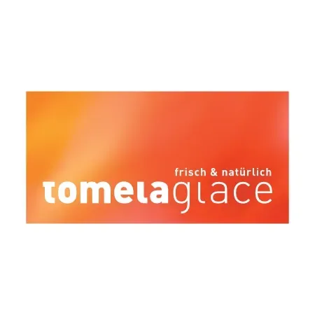 Ein orange-weißes Logo für Comela Glace