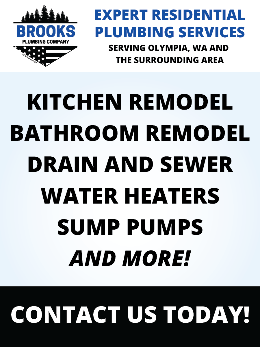 Advertisement for Brooks Plumbing Services offering kitchen/bathroom remodel, drain/sewer, water heaters, and sump pumps in Olympia, WA.
