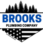 Logo for Brooks Plumbing Company, featuring a blue text on a white backdrop, with a silhouette of trees above, and an American flag below.