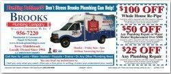 Brooks Plumbing Company advertisement with coupons for plumbing services.
