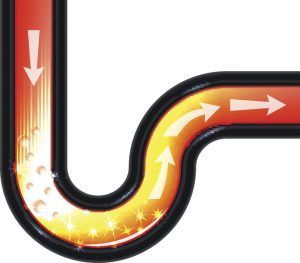 Diagram of a U-shaped drainpipe, showing a chemical unclogging action; red, orange, and bubbles are present.