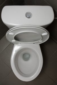 White toilet with lid open, flush button on tank.