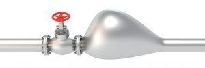 A metal pipe with a red valve and a bulge.