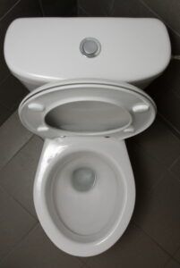 White toilet with the lid up, viewed from above.