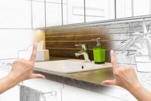 Hands framing a bathroom sink with a partially sketched design. Includes a green soap dispenser.