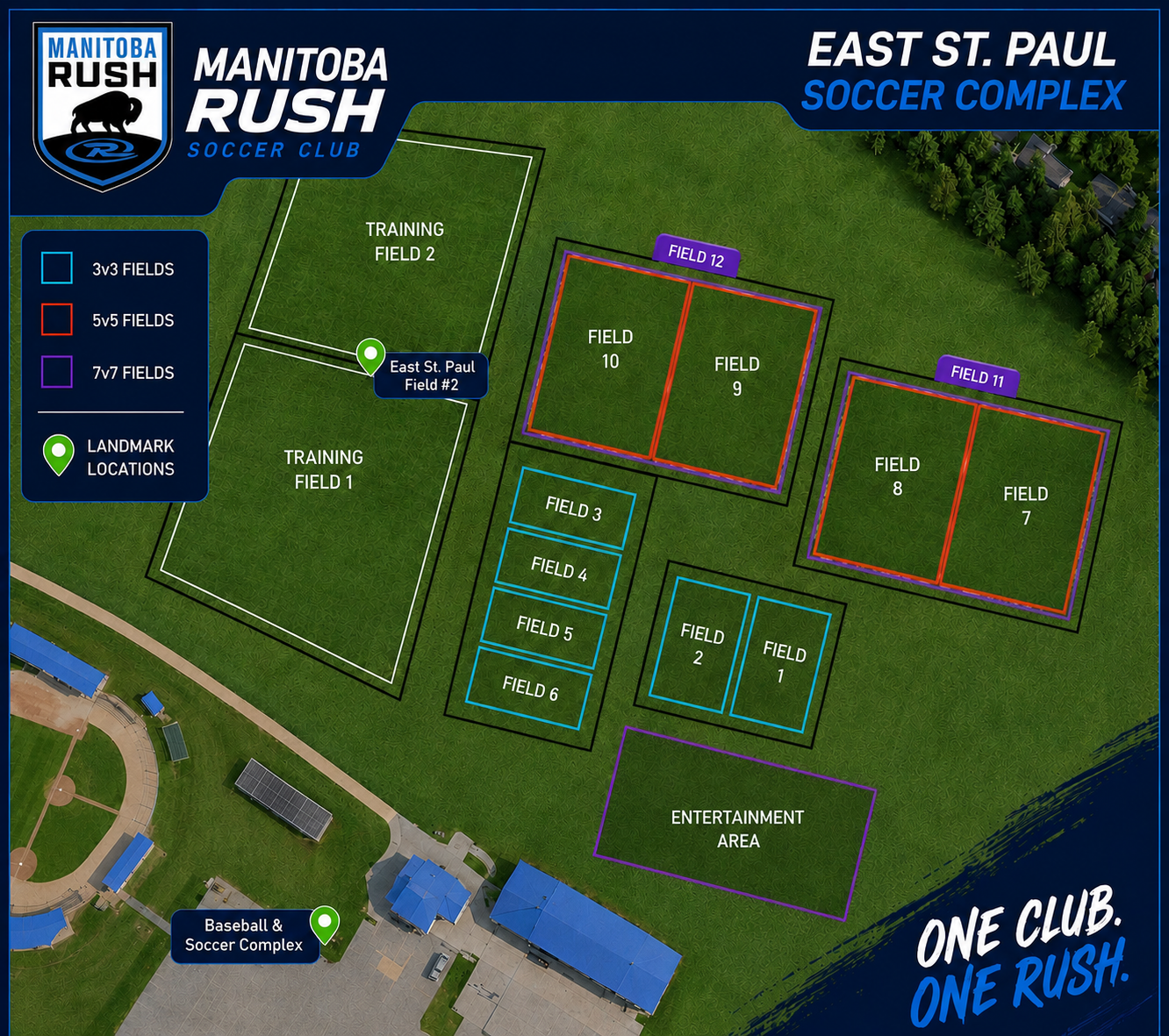 Map of East St. Paul Soccer Complex with color-coded field layout and Manitoba Rush logo