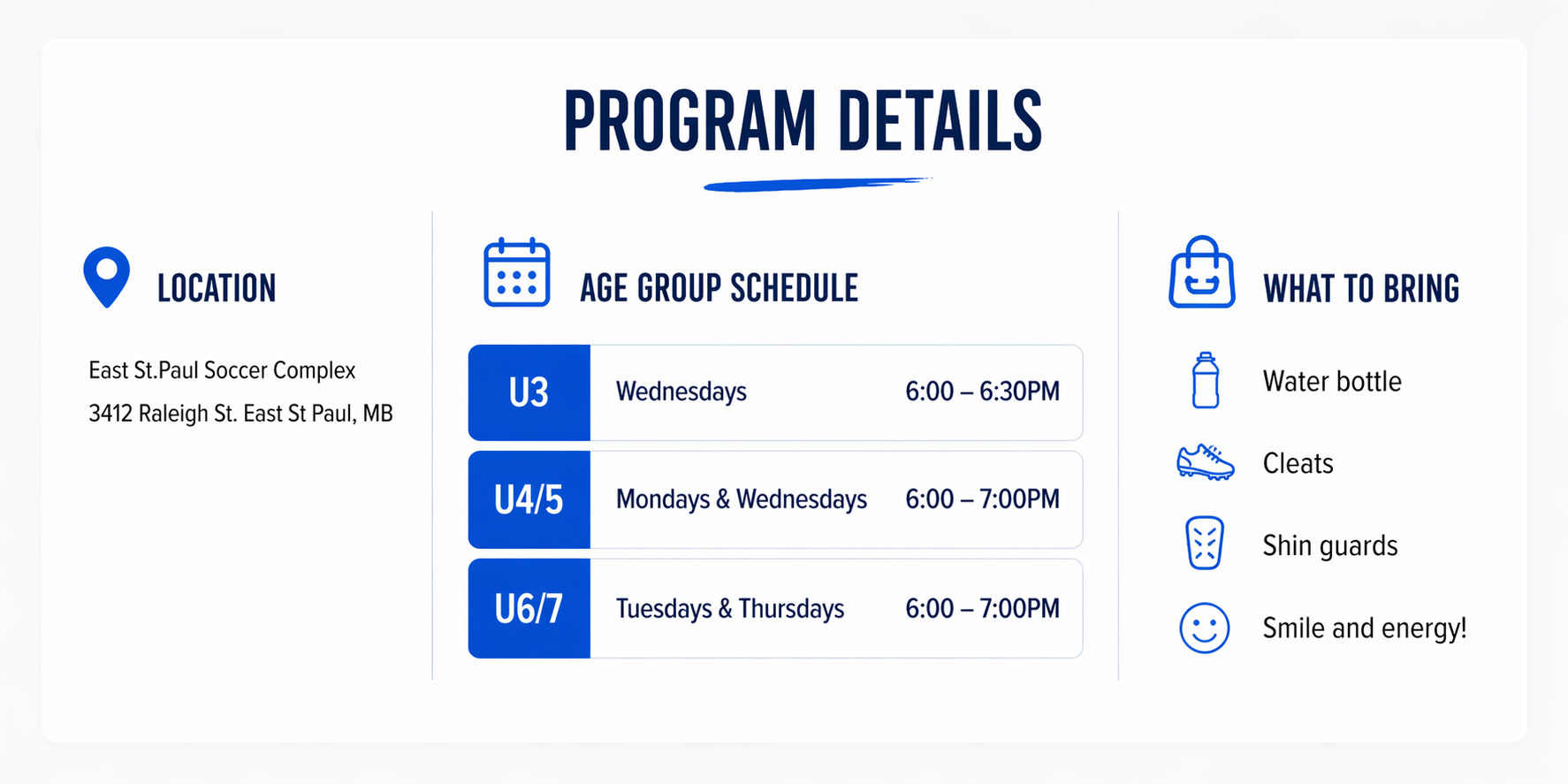 Program details slide with left info panel, center schedule list, and right checklist icons in blue and white