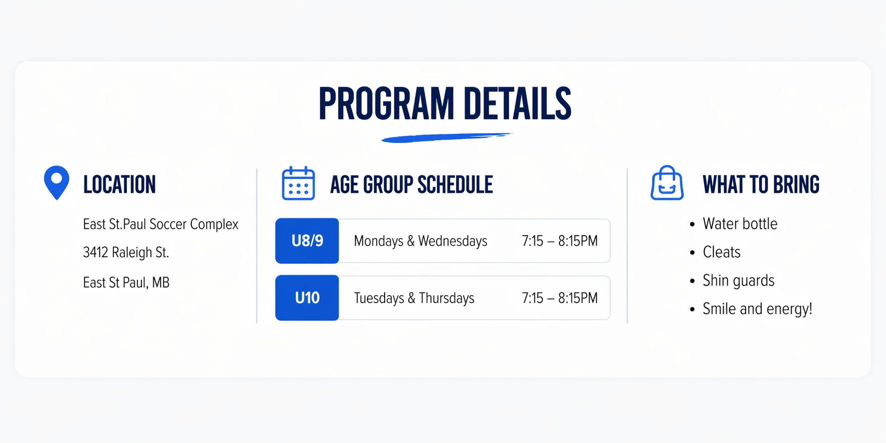 Program details card with location, weekly schedule, and what to bring icons in blue and white.
