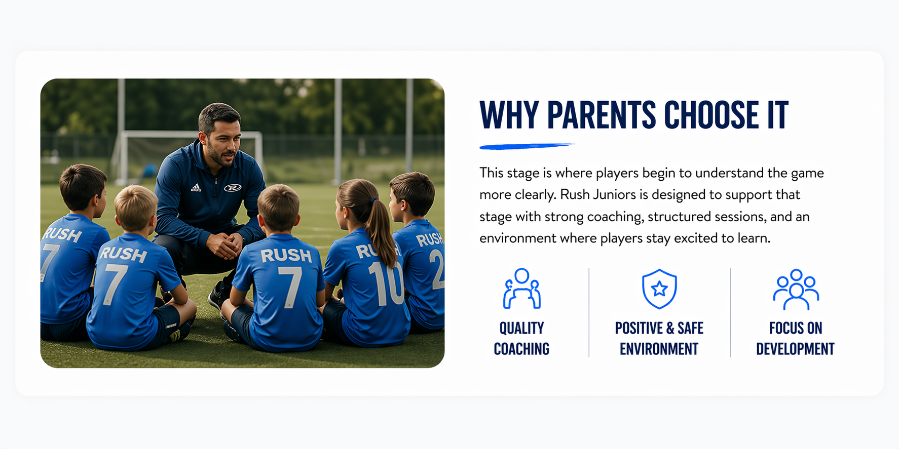 Coach speaks to youth soccer team in blue jerseys beside headline “Why parents choose it”