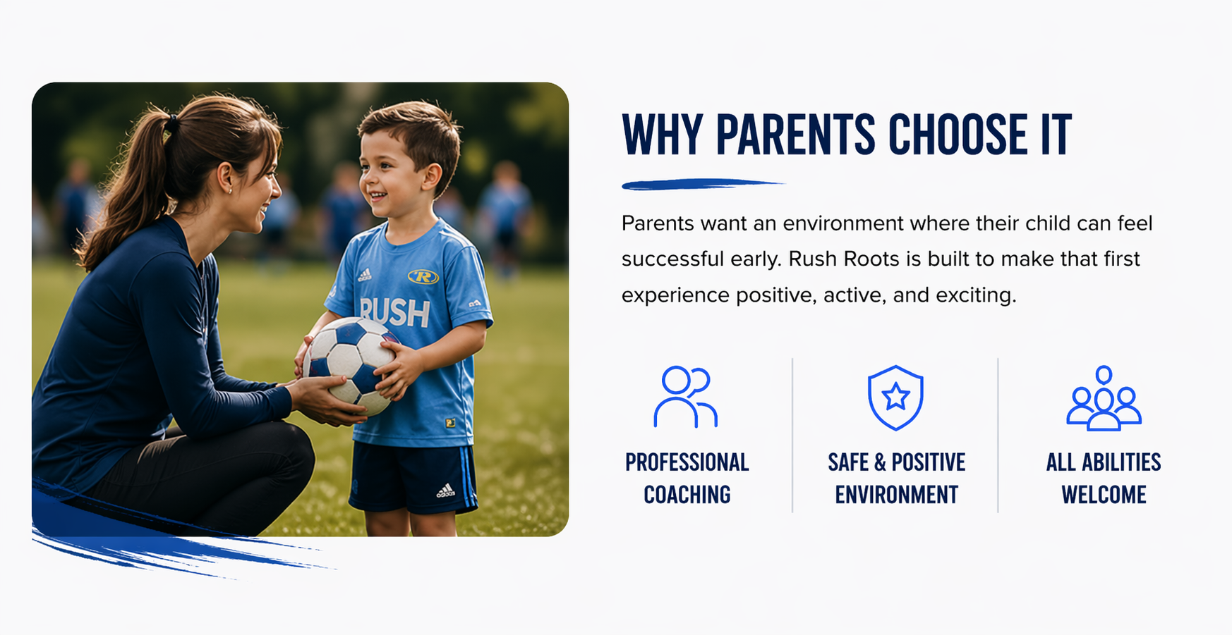 Coach and child holding soccer ball, with “Why parents choose it” text and three feature icons on white background