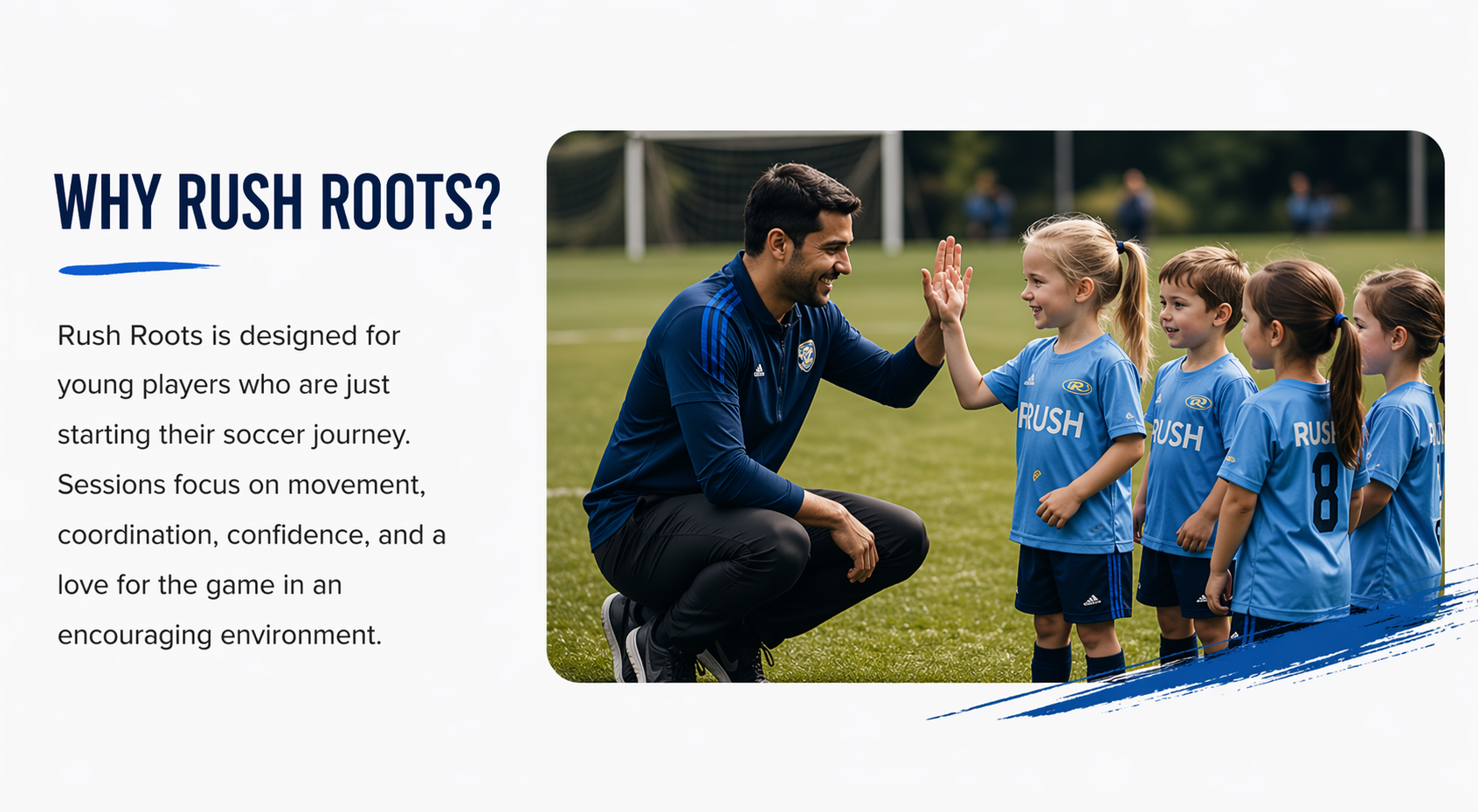 Coach kneels talking to three young soccer players on a field beside the headline “Why Rush Roots?”