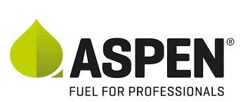 Logo del carburante Aspen: forma a goccia verde accanto al testo nero "ASPEN" e "FUEL FOR PROFESSIONALS".