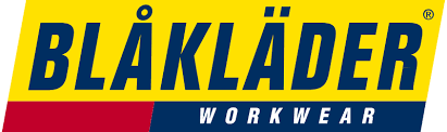 Logo Blåkläder Workwear in testo blu su sfondo giallo, con una striscia rossa nella parte inferiore.